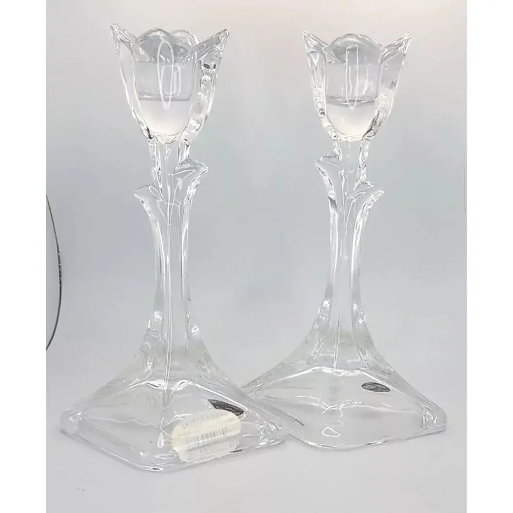 DePlomb 2 Lead Crystal Clear Candle Stick Taper Flower Tulip‎ 8